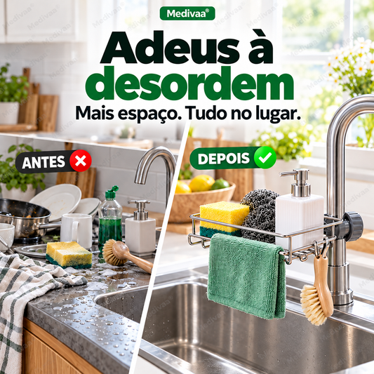 Suporte de arrumação em aço inoxidável para o lava-loiça da cozinha