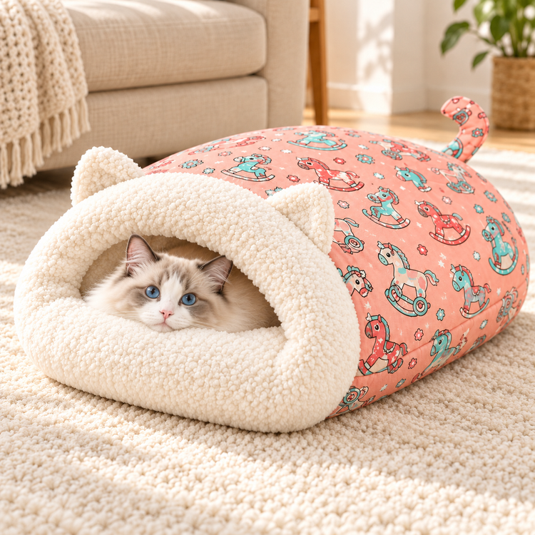 🐱🛏️Saco-cama semi-fechado com capuz para animais de estimação