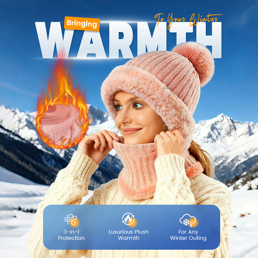Máscara de inverno feminina de malha com gorro e cachecol