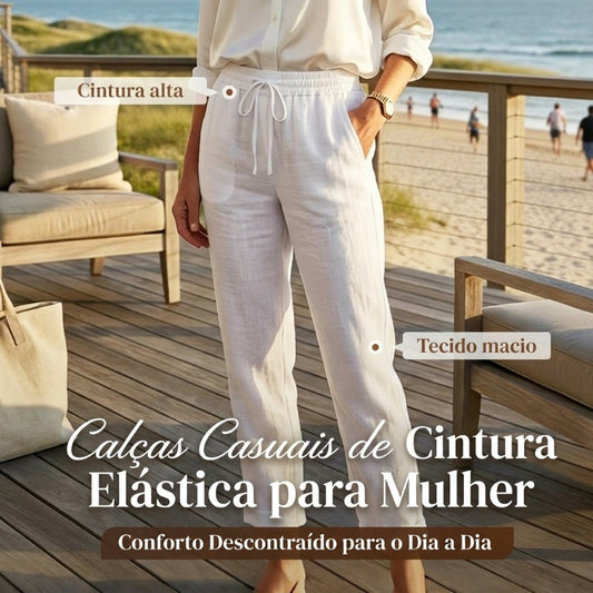 🌸Calças femininas de algodão e linho com cintura elástica e perna larga