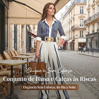 👚 50% DE DESCONTO! 🔥 Conjunto de 2 peças para mulher – Camisa às riscas e calças largas, look casual, tecido leve e perfeito para o verão 🌸