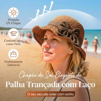 Chapéu de palha com laço retro – Dobrável e respirável para o verão