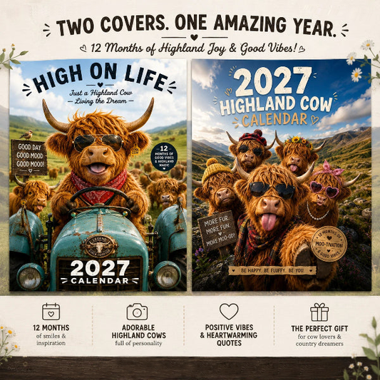 Calendário de parede engraçado com vacas das Terras Altas de 2027 | Calendário de parede A4 | Desenhado por Isabel Kline