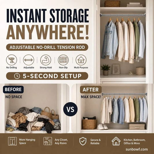 ✨ Instala-se em segundos sem necessidade de perfurar — haste de tensão ajustável para um arrumação mais inteligente em casa 🏠