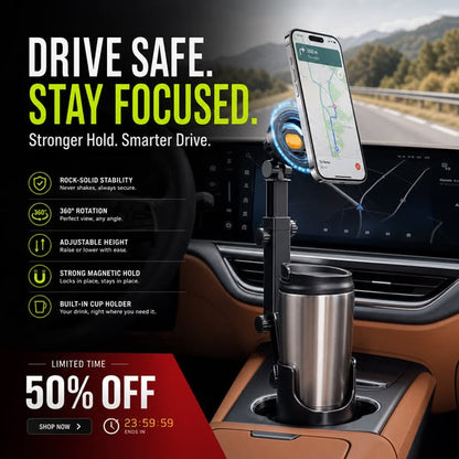 ⭐Novidade de 2026💥PROMOÇÃO QUENTE🥳🧲Suporte para telemóvel para porta-copos do carro – Ajustável a 360°, íman N52 potente, manuseamento com uma só mão, compatível com todos os telemóveis, modelos magnéticos e com pinça estáveis para uma condução segura