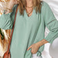 💥Promoção especial do último dia: 49% de desconto👚Camisolas casuais de manga 3/4 em forma de lanterna com decote em V para mulher; blusa folgada plissada com recortes