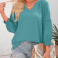 💥Promoção especial do último dia: 49% de desconto👚Camisolas casuais de manga 3/4 em forma de lanterna com decote em V para mulher; blusa folgada plissada com recortes