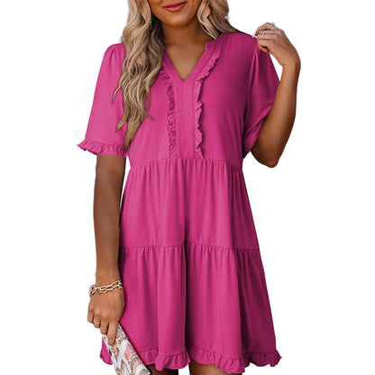 🔥Promoção de Verão 2026: 49% de desconto🌈Vestido feminino casual com decote em V, folhos, corte em A e corte solto