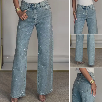 ✨ 50% DE DESCONTO! 💎 Jeans com strass – perna reta e ajuste elástico, detalhes embelezados para um visual chique, versátil para o estilo do dia à noite 🌟👖