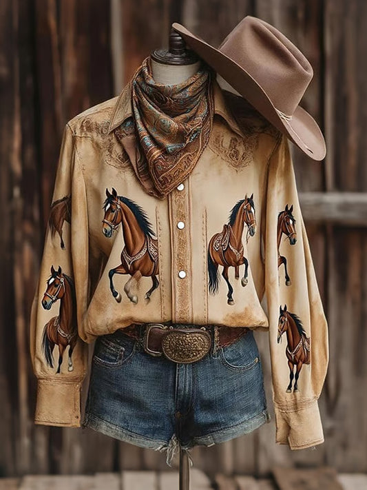 Chemise décontractée à manches longues à imprimé cheval western rétro pour femmes