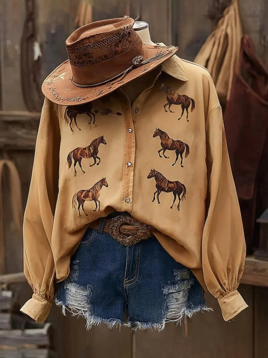 Chemise décontractée à manches longues à imprimé cheval western rétro pour femmes