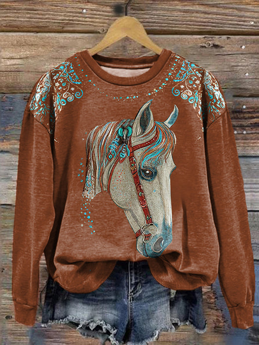 Sweat-shirt décontracté à imprimé cheval western rétro pour femmes