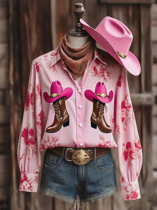 Women's Retro Western Boots Print Casual Chemise à manches longues