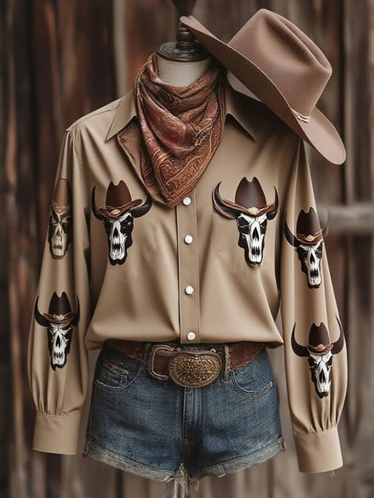 Chemise à manches longues Retro Western Creative Bull Skull Femme