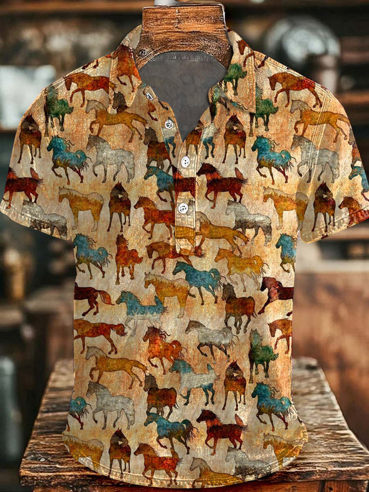 Chevaux western vintage pour hommes Imprimer Boutons Casual Top