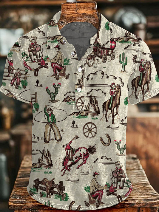 Hommes Vintage Western Cowboys Et Chevaux Imprimer Boutons Décontractés Haut