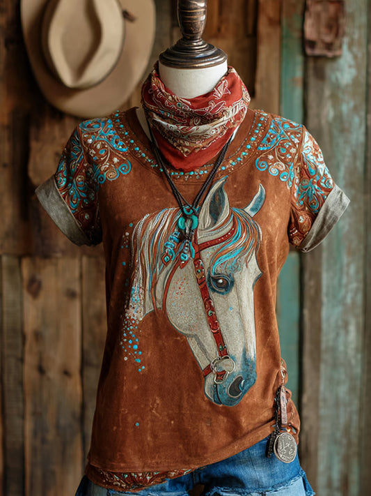 T-shirt décontracté à imprimé western rétro pour femmes