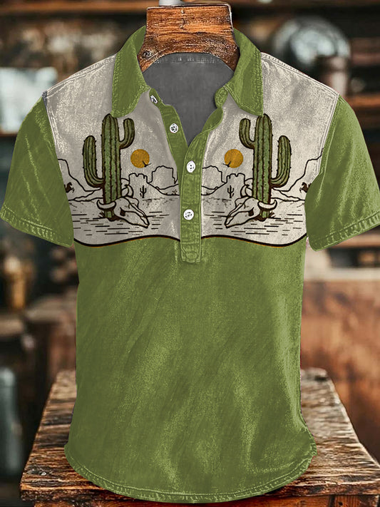 Hommes Vintage Western Desert Cactus Bull Crâne Imprimer Boutons Casual Top