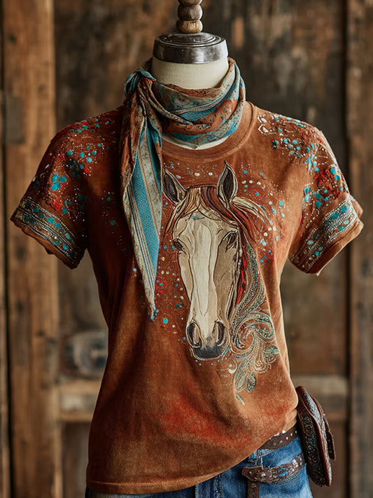 T-shirt décontracté à imprimé western rétro pour femmes