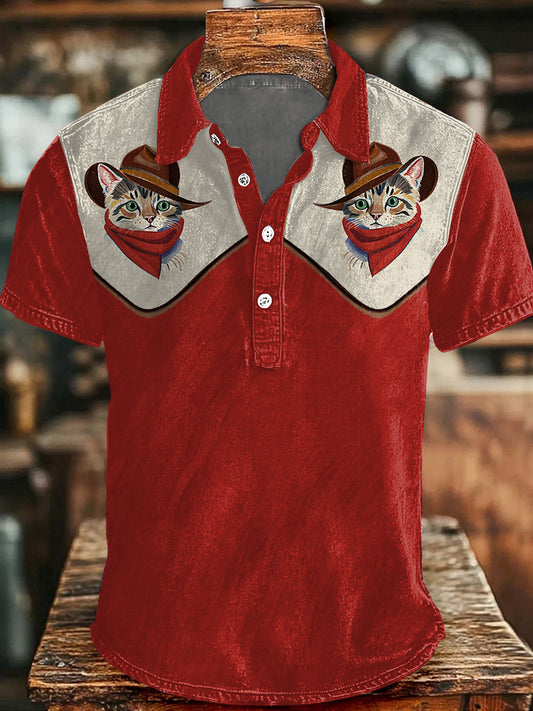 Hommes Vintage Western Cowcat Imprimer Boutons Casual Top