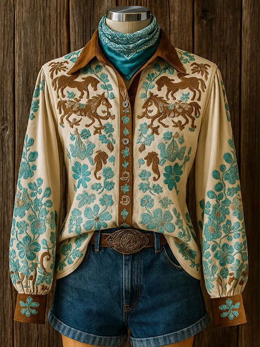 Chemise décontractée à manches longues à imprimé cheval western rétro pour femmes