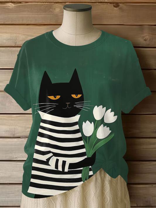 T-shirt décontracté à imprimé chat pour femme