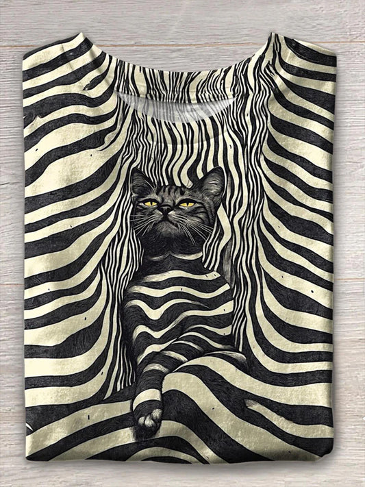 T-shirt à manches courtes drôle chat ras du cou des femmes