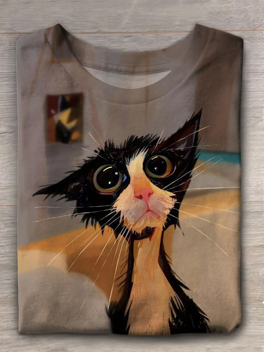 T-shirt à manches courtes drôle chat ras du cou des femmes