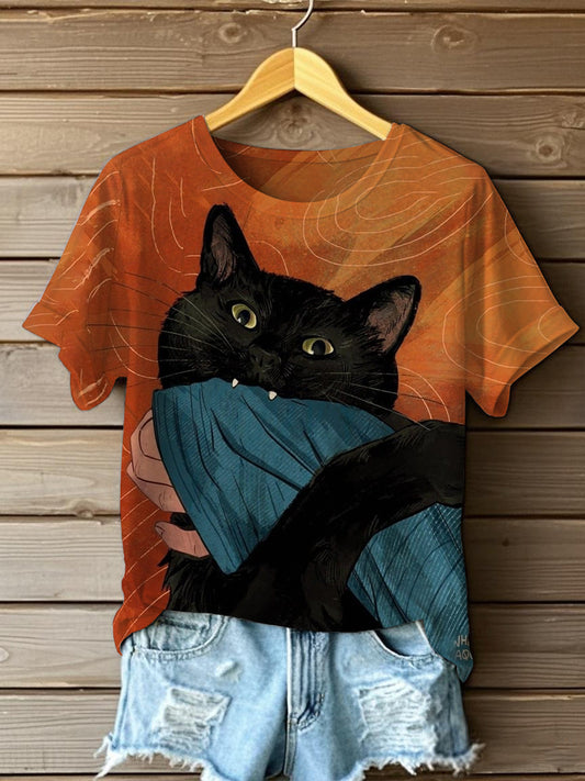 T-shirt drôle de chat à manches courtes pour femmes