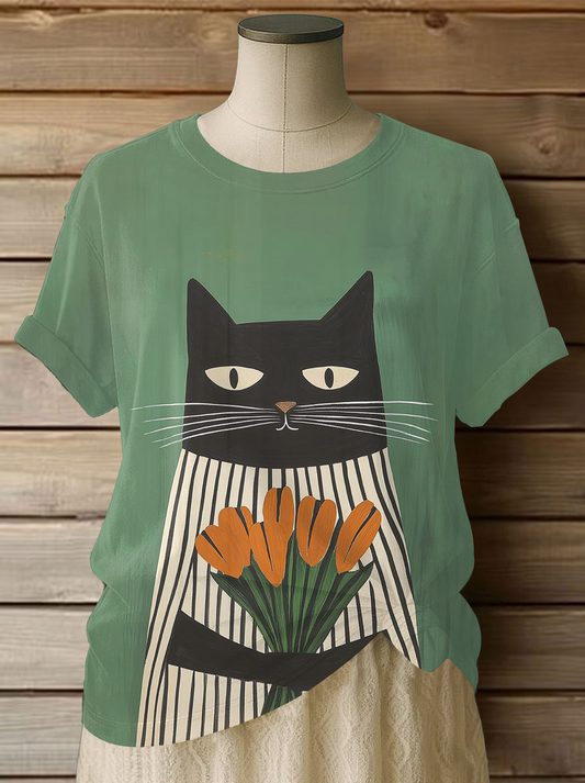 T-shirt décontracté à imprimé chat pour femme
