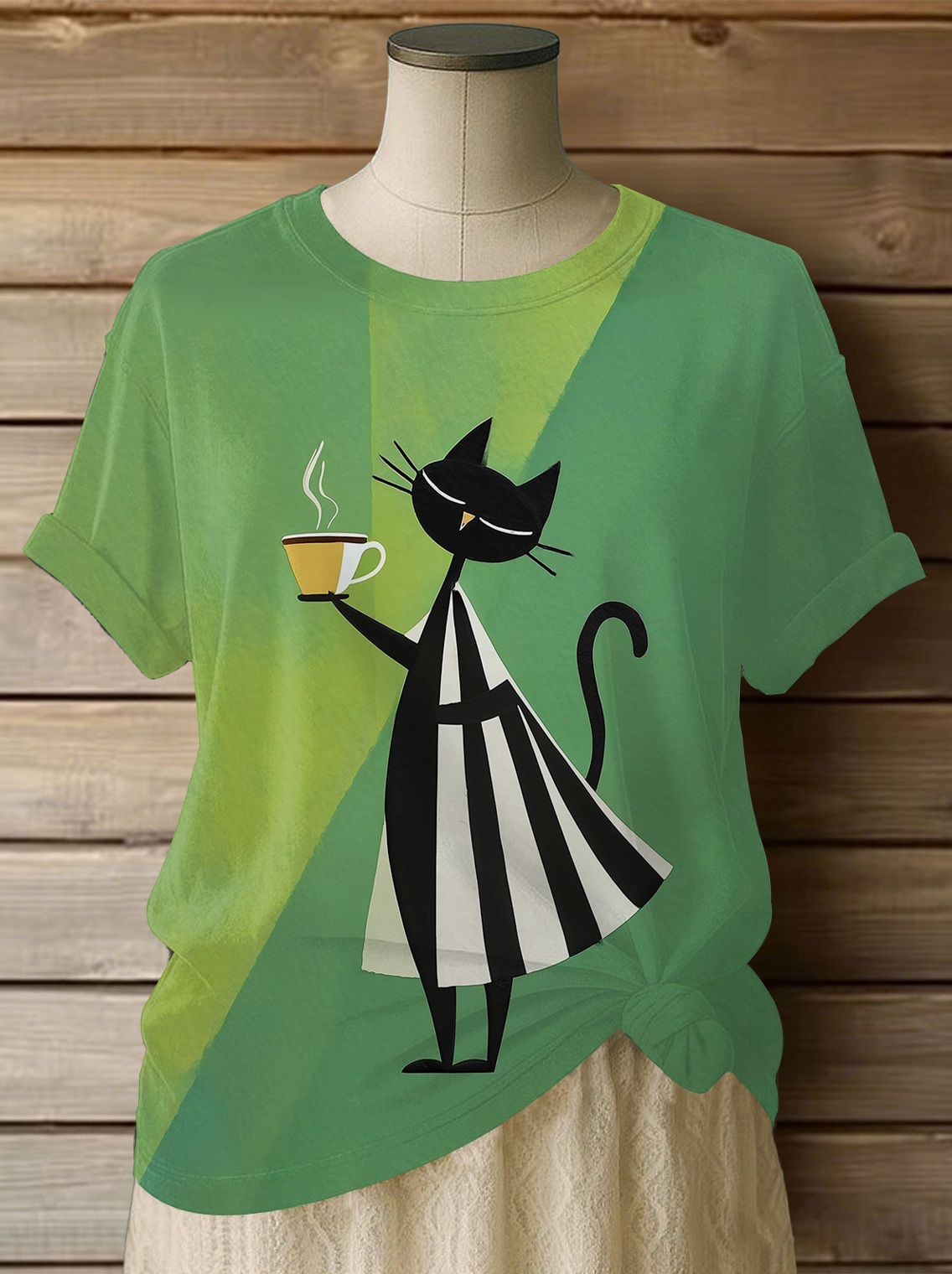 T-shirt décontracté à imprimé chat pour femme