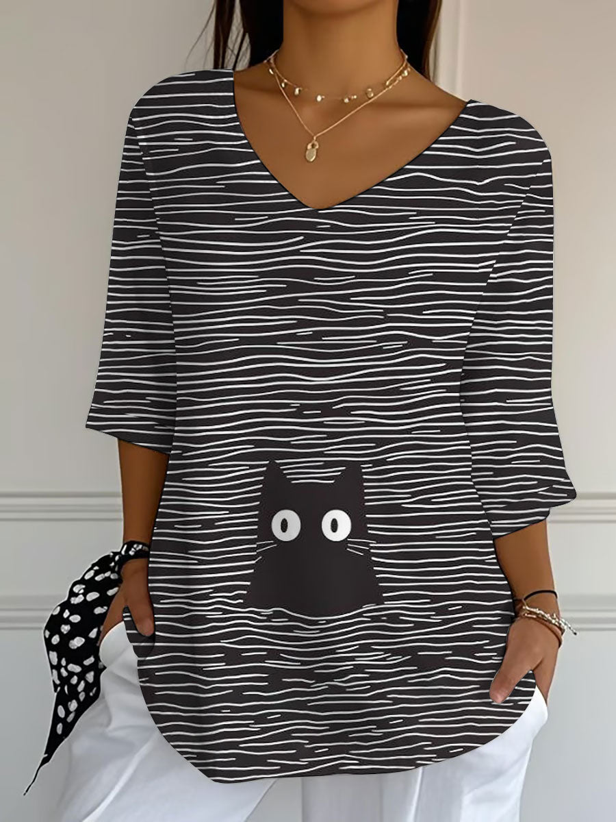 T-shirt décontracté à imprimé chat pour femme