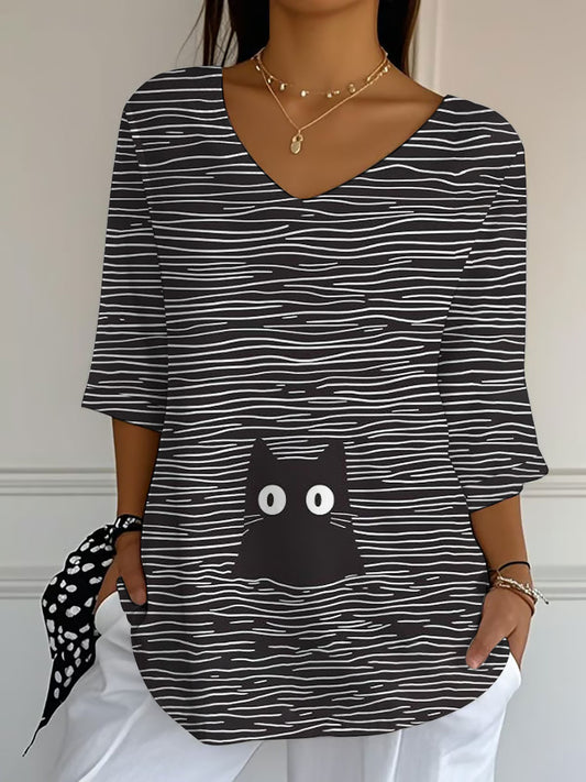 T-shirt décontracté à imprimé chat pour femme