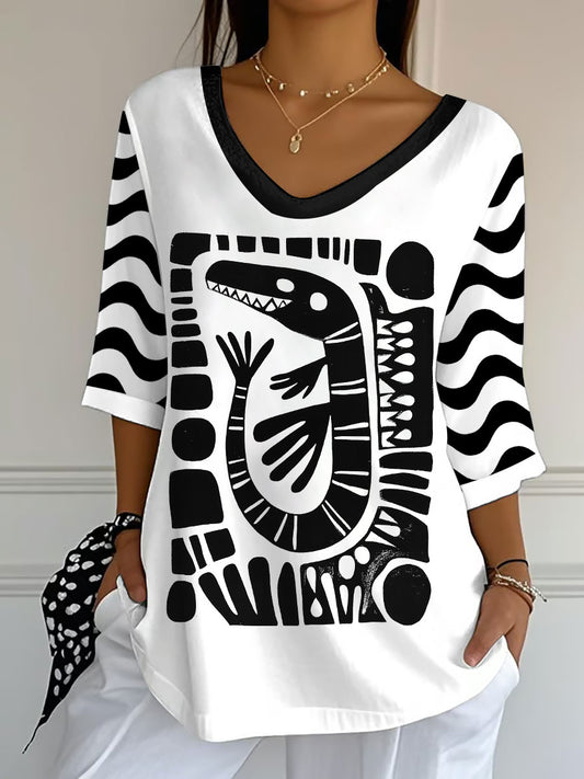 T-Shirts à col en V Mexican Folk Art Snake pour femmes