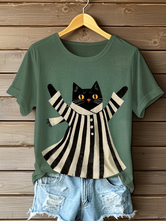 T-shirt décontracté à imprimé chat pour femme