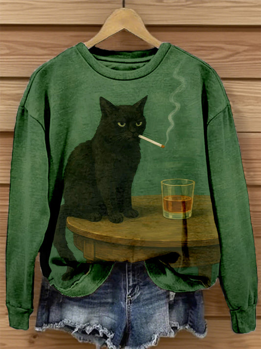 Funny Cat Art Print Vintage Sweatshirt Femme