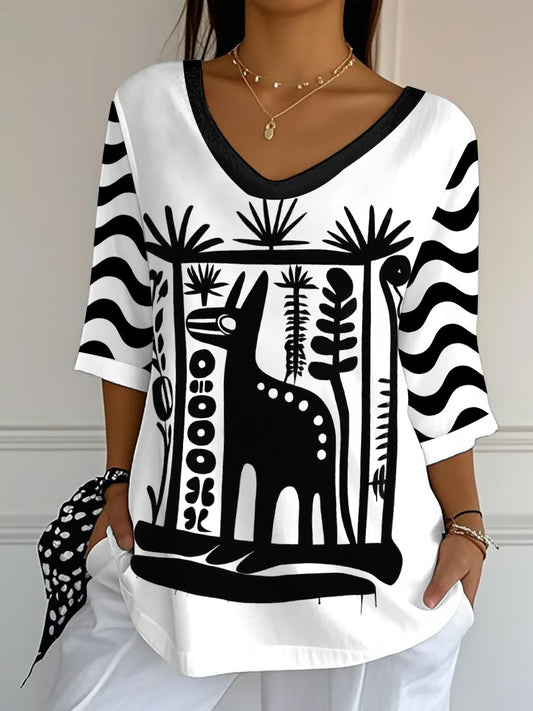 T-shirts Mexican Folk Art Animal à col en V Femme