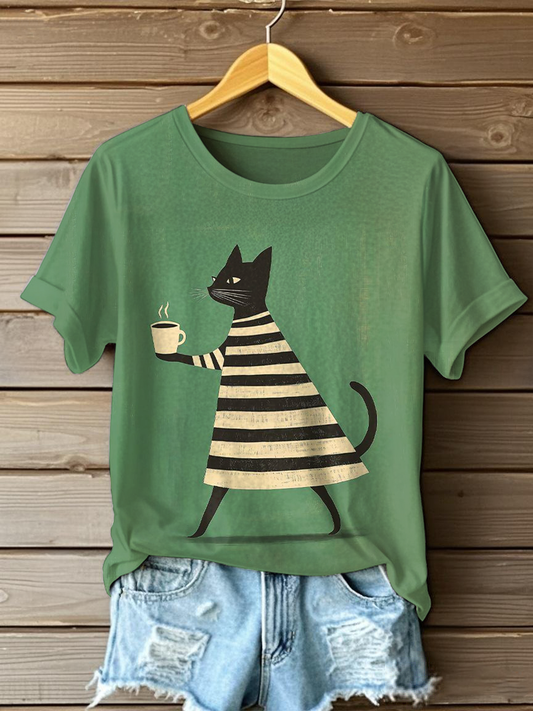 T-shirt décontracté à imprimé chat pour femme