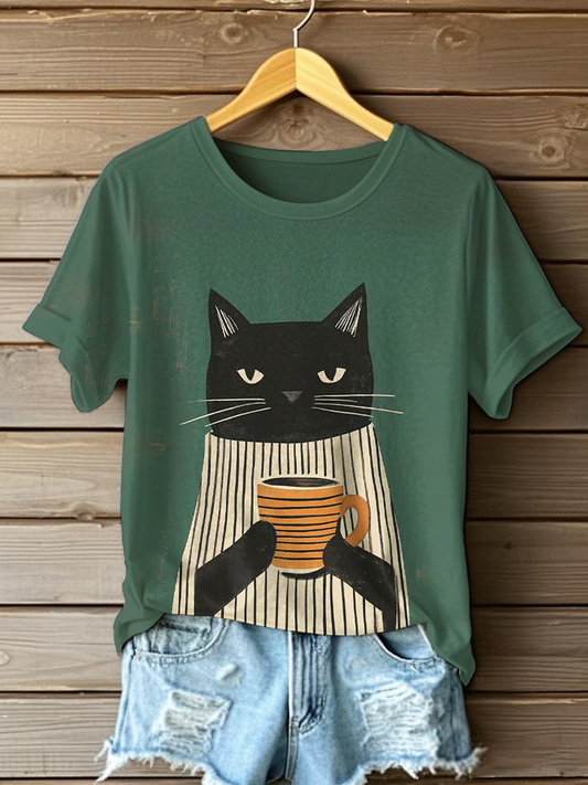 T-shirt décontracté à imprimé chat pour femme