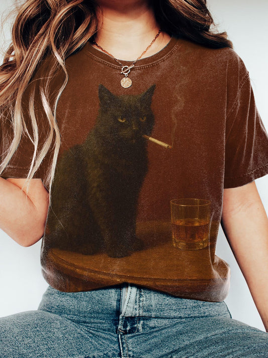 T-shirt vintage à imprimé chat noir pour femmes