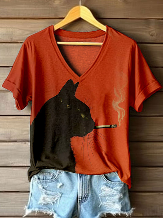 T-shirt à col en V à imprimé chat noir Smoking pour femme