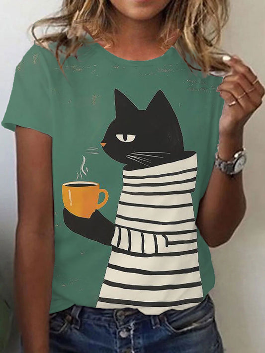 T-shirt décontracté à imprimé chat pour femme