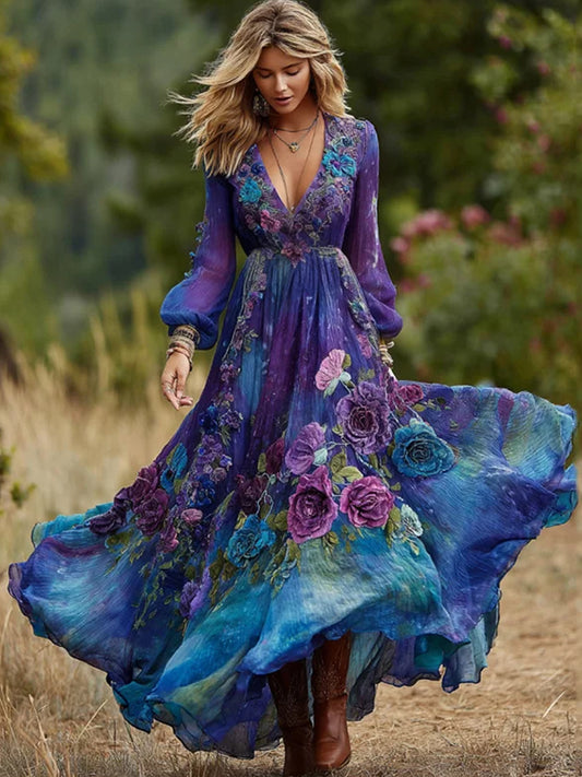 Vintage violet et bleu lavande Patchwork et Floral brodé Art lin Maxi robe des femmes