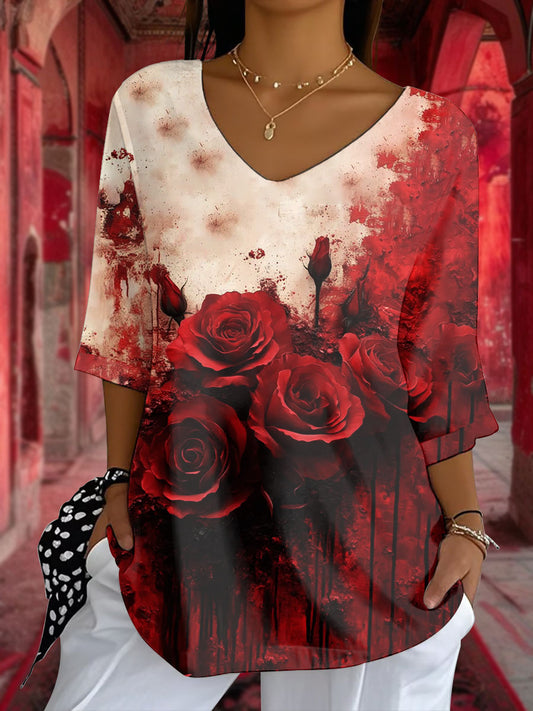 Haut Femme Halloween Rouge Sang Rose Col V