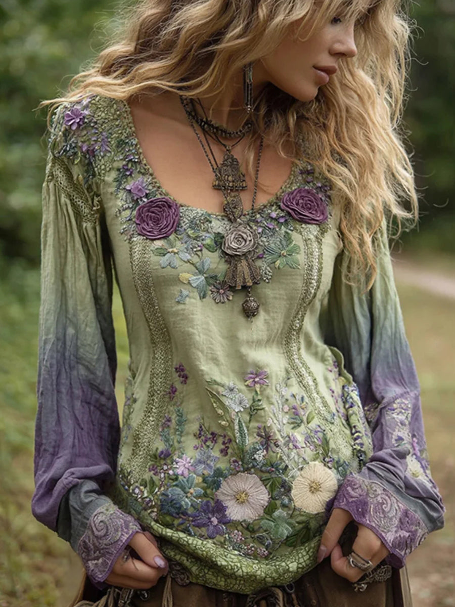 Women's Vintage Elegant Floral Embroidered Linen Shirt