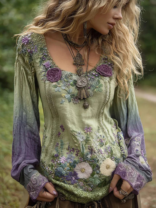 Women's Vintage Elegant Floral Embroidered Linen Shirt