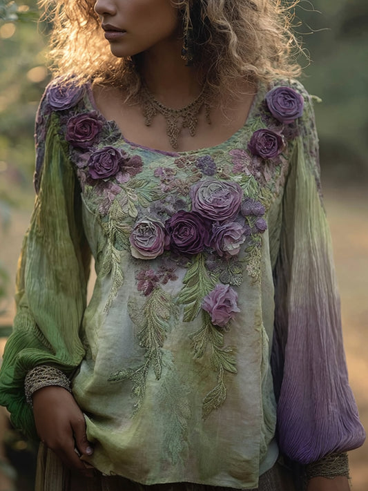 Chemise en lin de couleur contrastée brodée florale élégante pour femmes