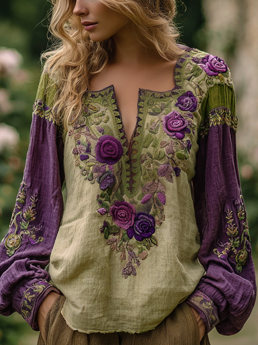 Women's Vintage Elegant Floral Embroidered Linen Shirt