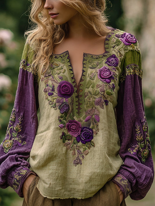 Women's Vintage Elegant Floral Embroidered Linen Shirt