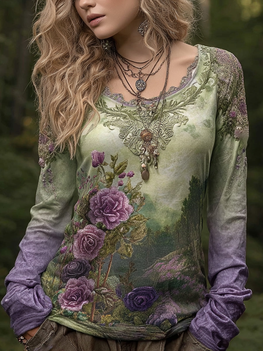 Women's Vintage Elegant Floral Embroidered Linen Shirt